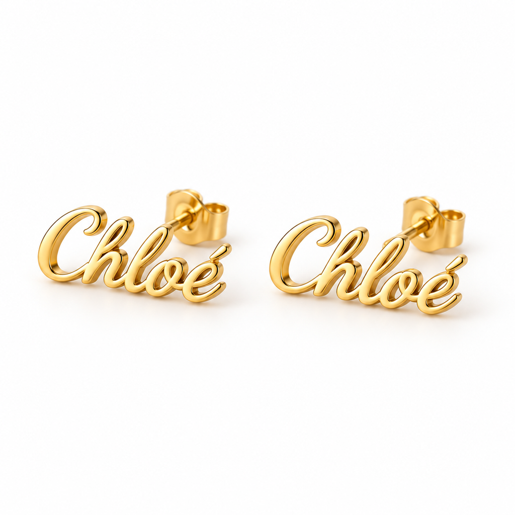 Boucles d’oreilles prénom personnalisées enfant écriture cursive – SIGNATURE CURSIVE doré fond blanc