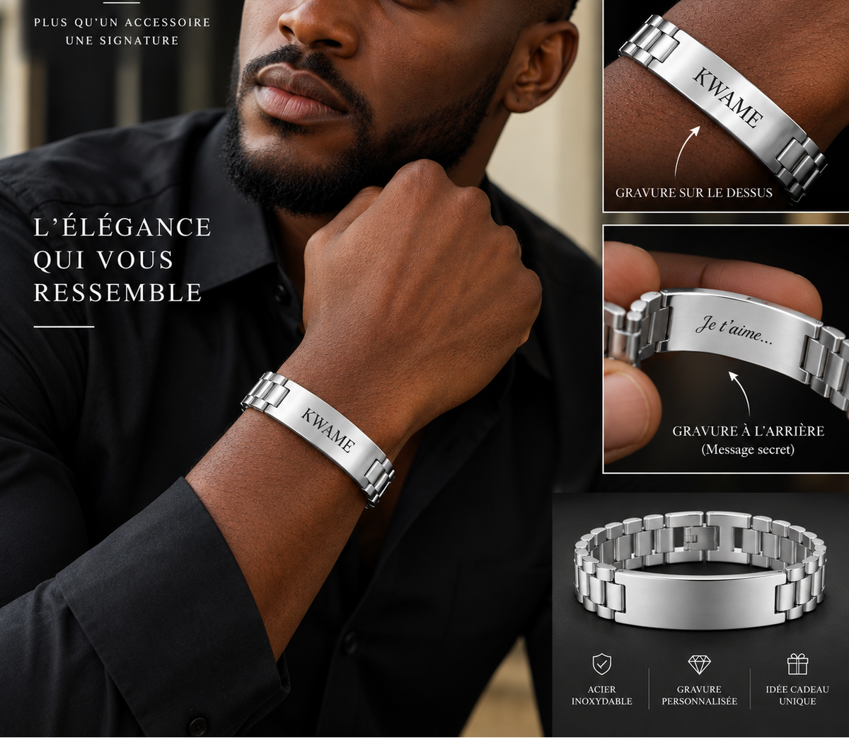 Bracelet MAJESTÉ argenté grand modèle personnalisé avec gravure recto verso porté