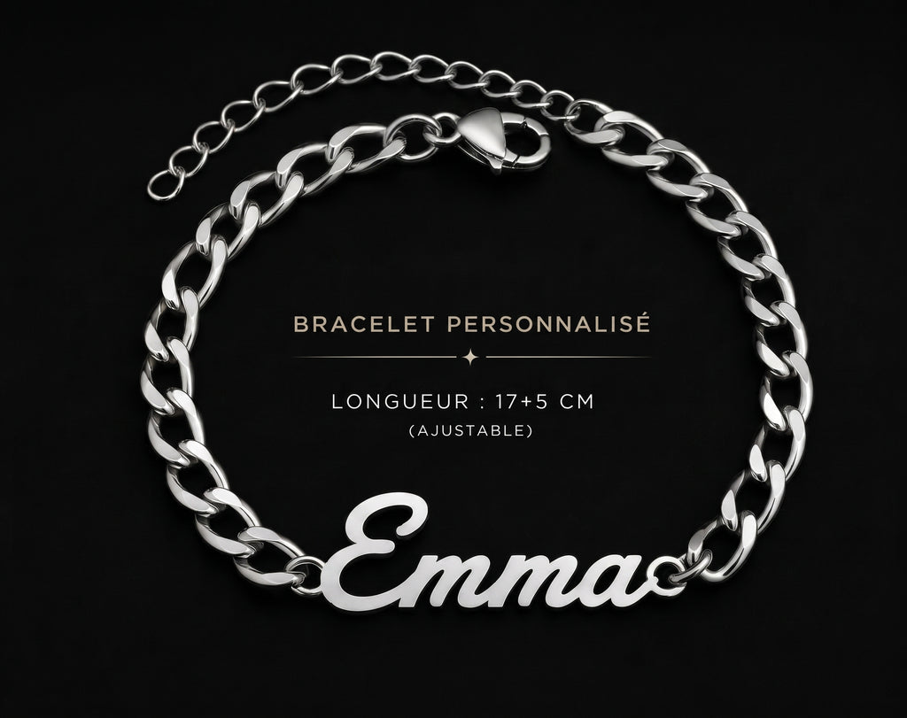Bracelet prénom personnalisé modèle Emma argenté ajustable 17 + 5 cm