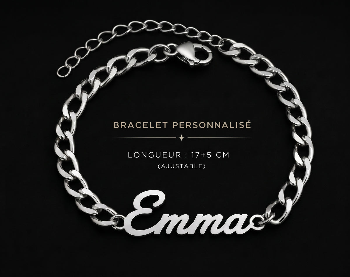 Bracelet prénom personnalisé modèle Emma argenté ajustable 17 + 5 cm