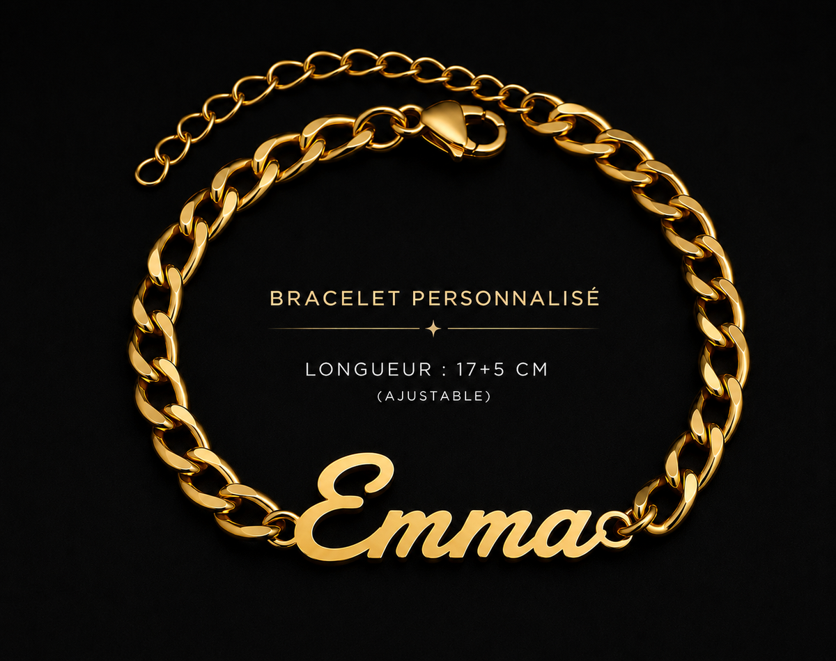 Bracelet prénom personnalisé modèle Emma doré ajustable 17 + 5 cm