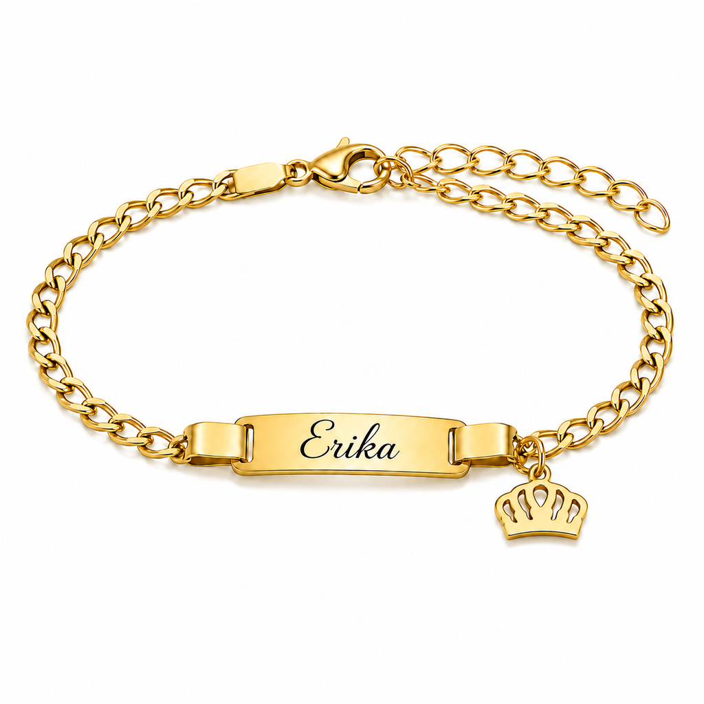 Bracelet prénom personnalisé enfant doré avec breloque couronne – PETIT ROYAL fond blanc doré