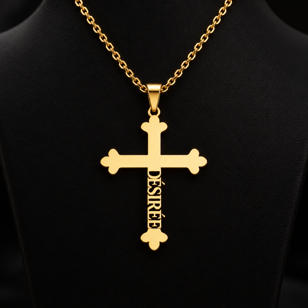 Collier croix ÉLÉVATION doré avec prénom personnalisé intégré verticalement fond noir