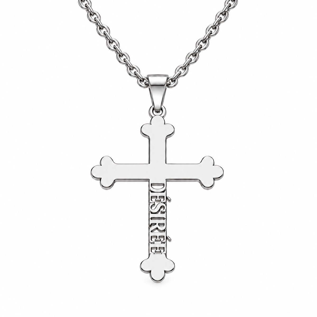 
Collier croix ÉLÉVATION argenté avec prénom personnalisé intégré verticalement fond blanc