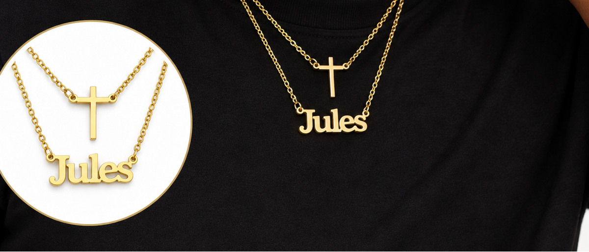 Collier LUMIÈRE doré avec croix fixe et prénom Lydie personnalisé jules porté