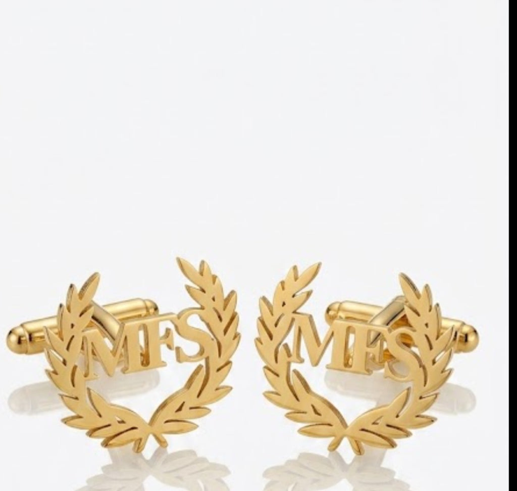 Boutons de manchette LAURIER dorés personnalisés avec initiales et couronne de laurier sur fond blanc