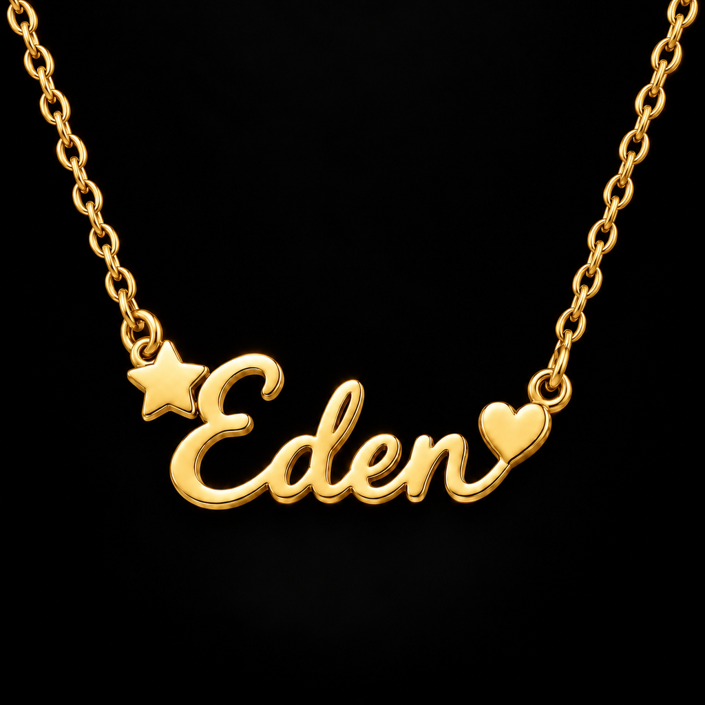 Collier prénom personnalisé enfant avec étoile et cœur – TRÉSOR fond noir doré