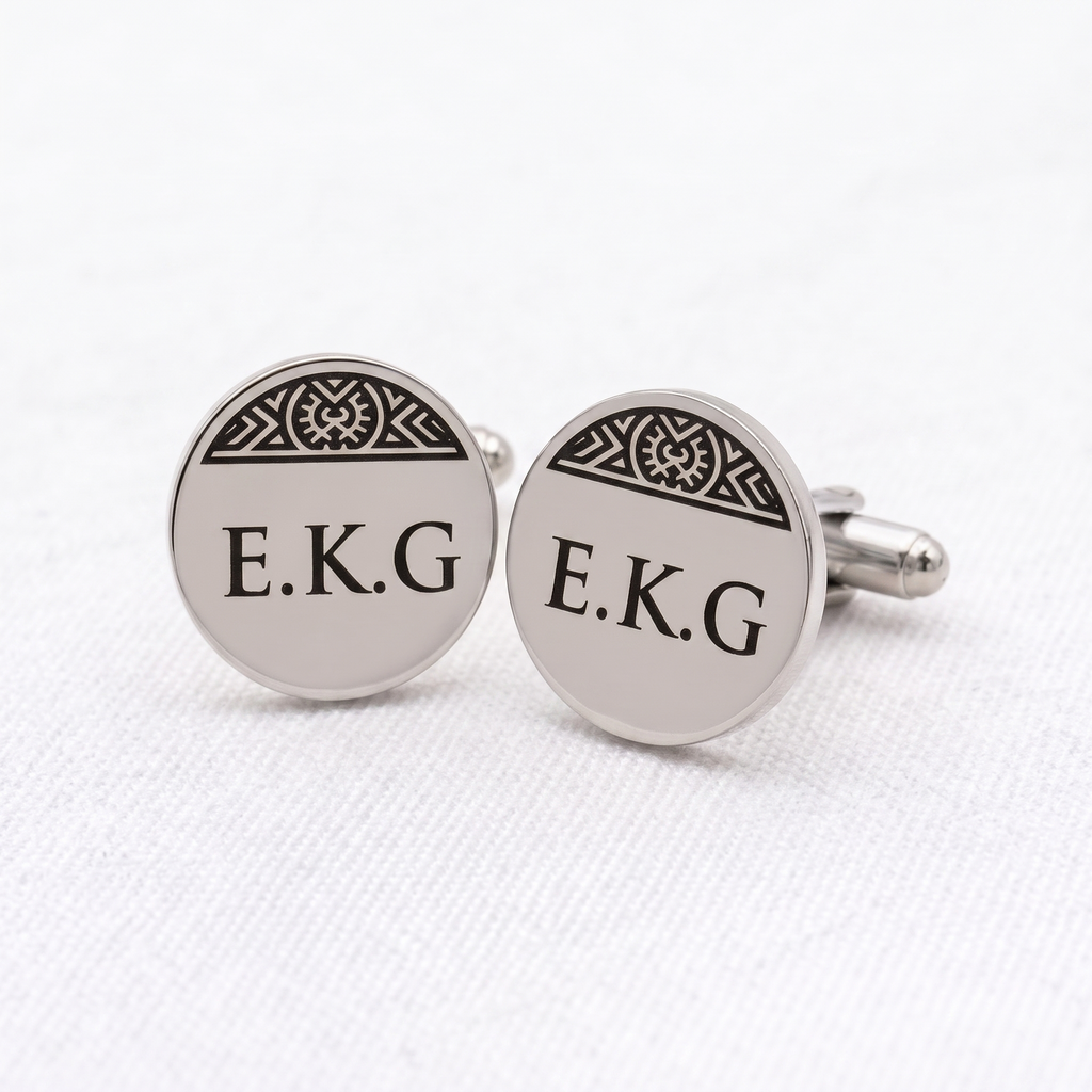 Boutons de manchette personnalisés EMPREINTE  argentés avec initiales et motif ethnique HÉLIE ÉBÈNE