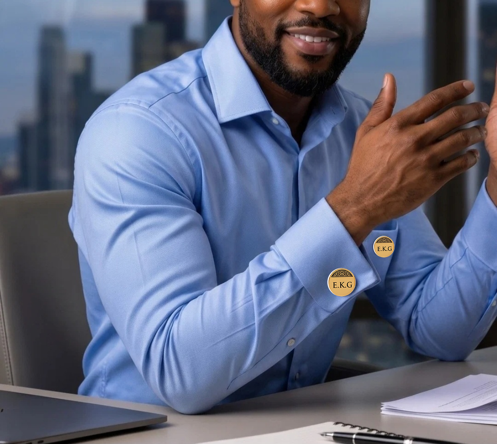 Bouton de manchette et pin’s personnalisés EMPREINTE  doré assortis  portés sur une chemise bleue