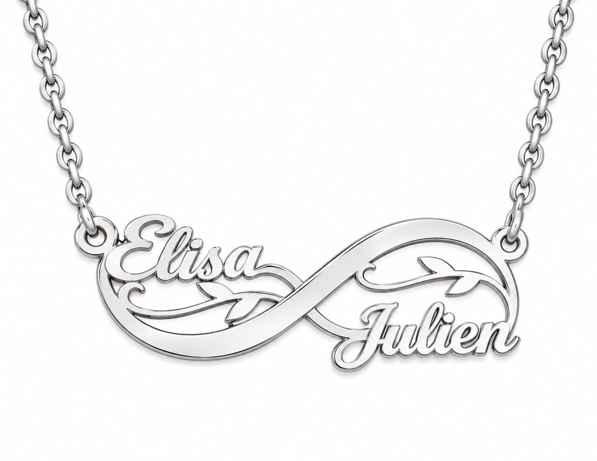 Collier infini fleuri doré personnalisé avec les prénoms Elisa et Julien fond blanc