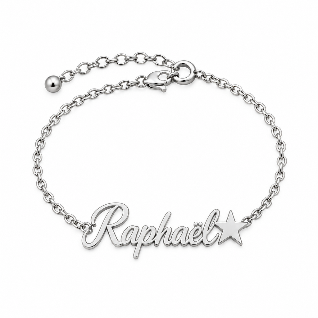 Bracelet prénom personnalisé enfant avec étoile – modèle ÉTOILÉ fond blanc argenté