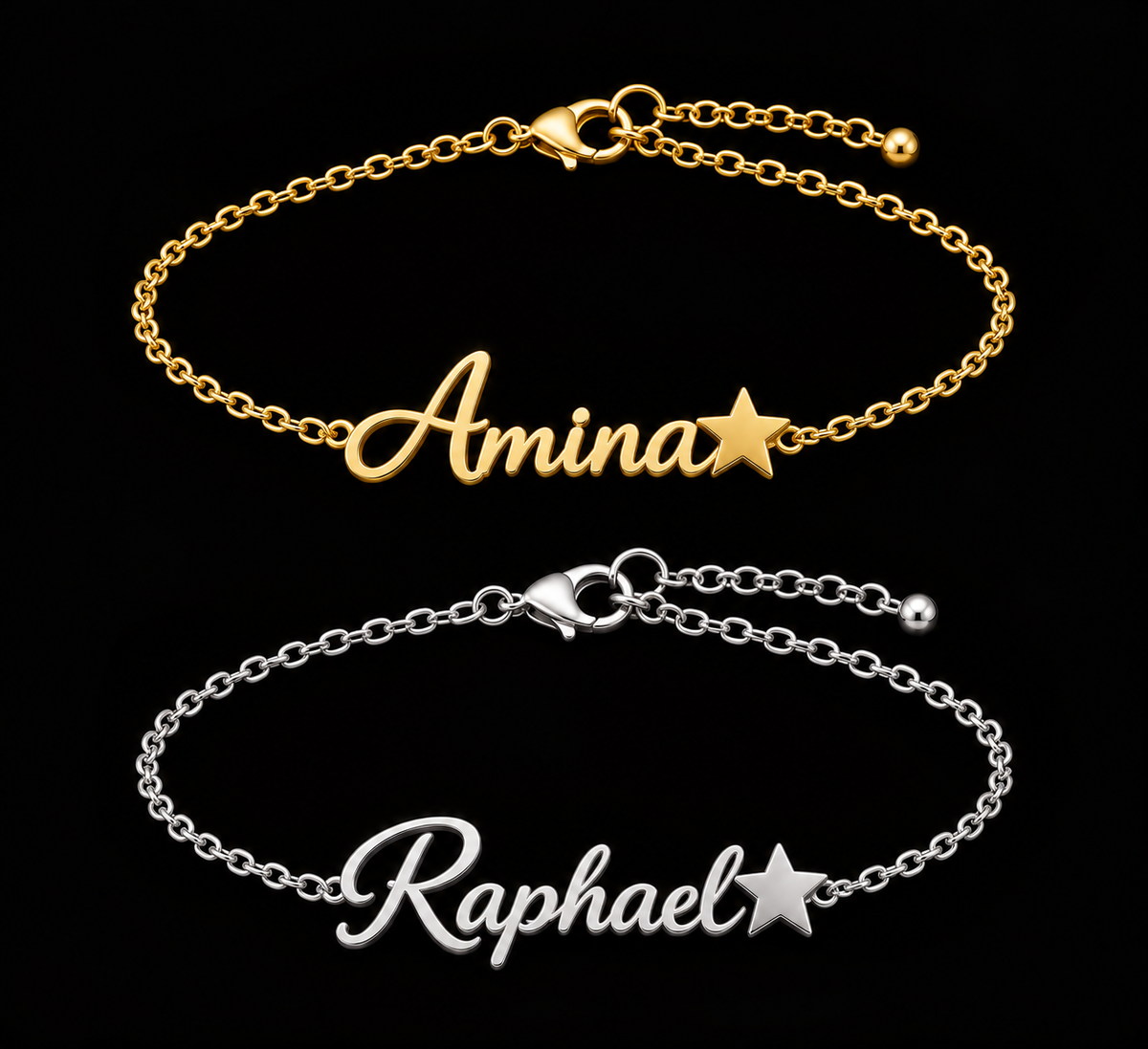 Bracelet prénom personnalisé enfant avec étoile – modèle ÉTOILÉ fond noir mixte