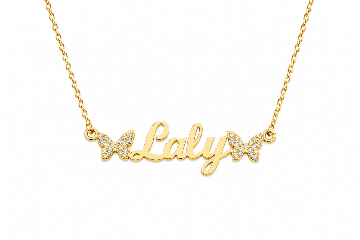 Collier prénom enfant Laly doré avec papillons scintillants