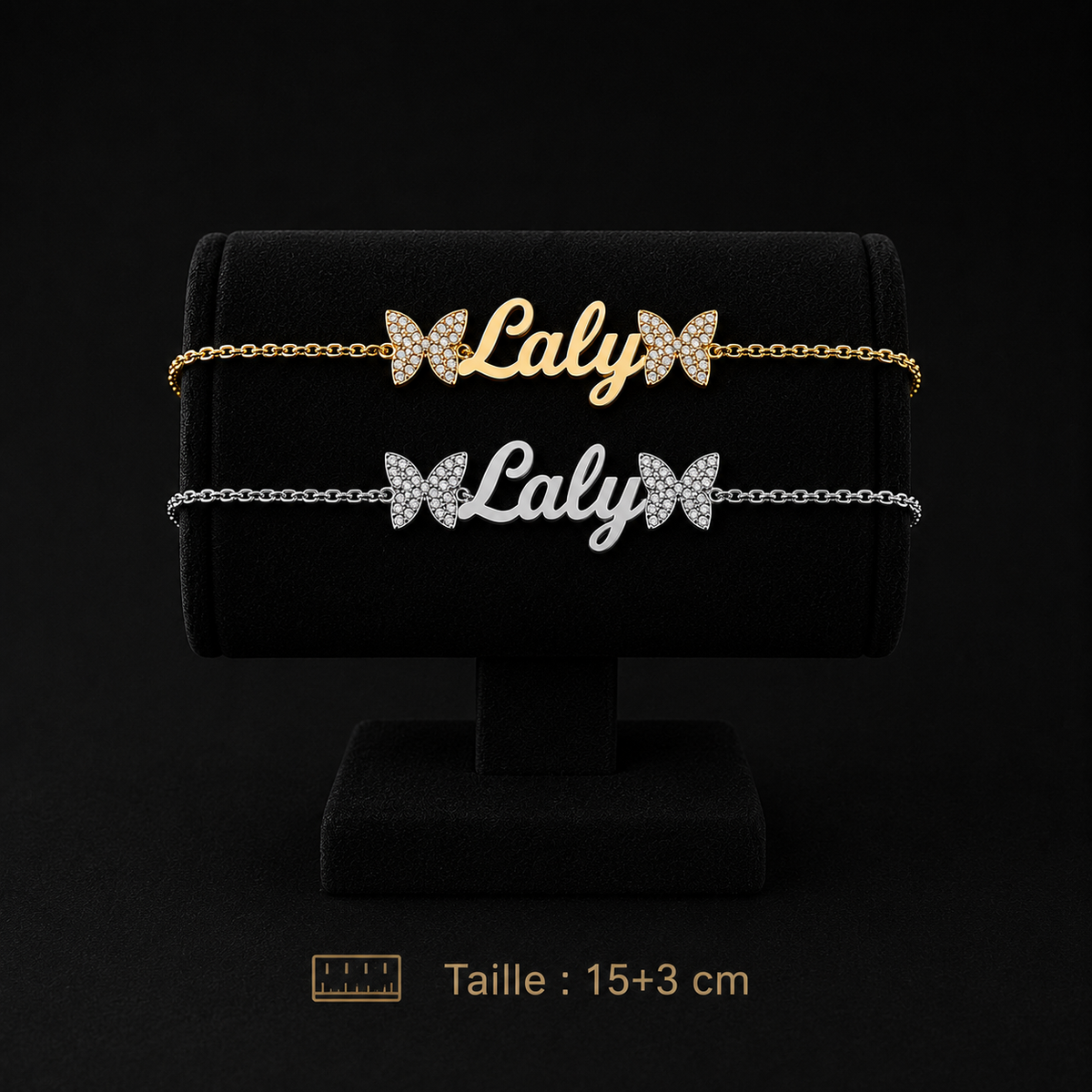 Bracelet prénom personnalisé fille avec deux papillons scintillants – modèle Laly fond noir doré et argenté