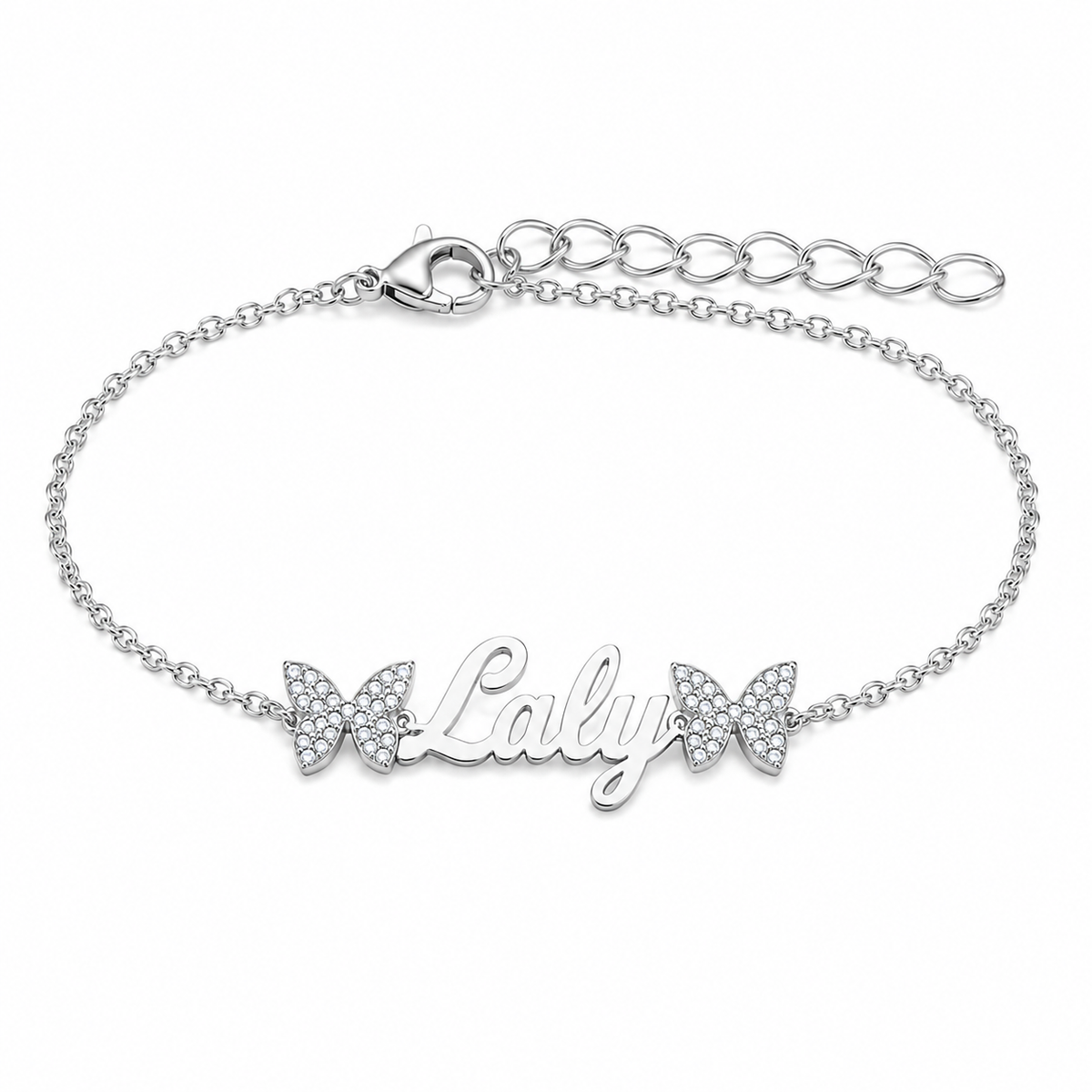 Bracelet prénom personnalisé fille avec deux papillons scintillants – modèle Laly fond blanc argenté