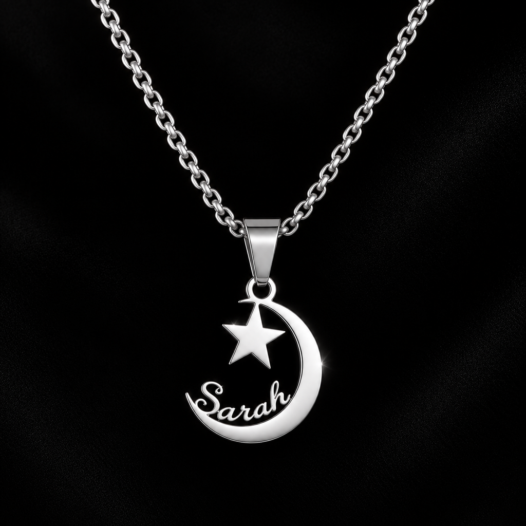 Collier LUNE  ÉTOILE argenté personnalisé avec prénom Sarah FOND noir