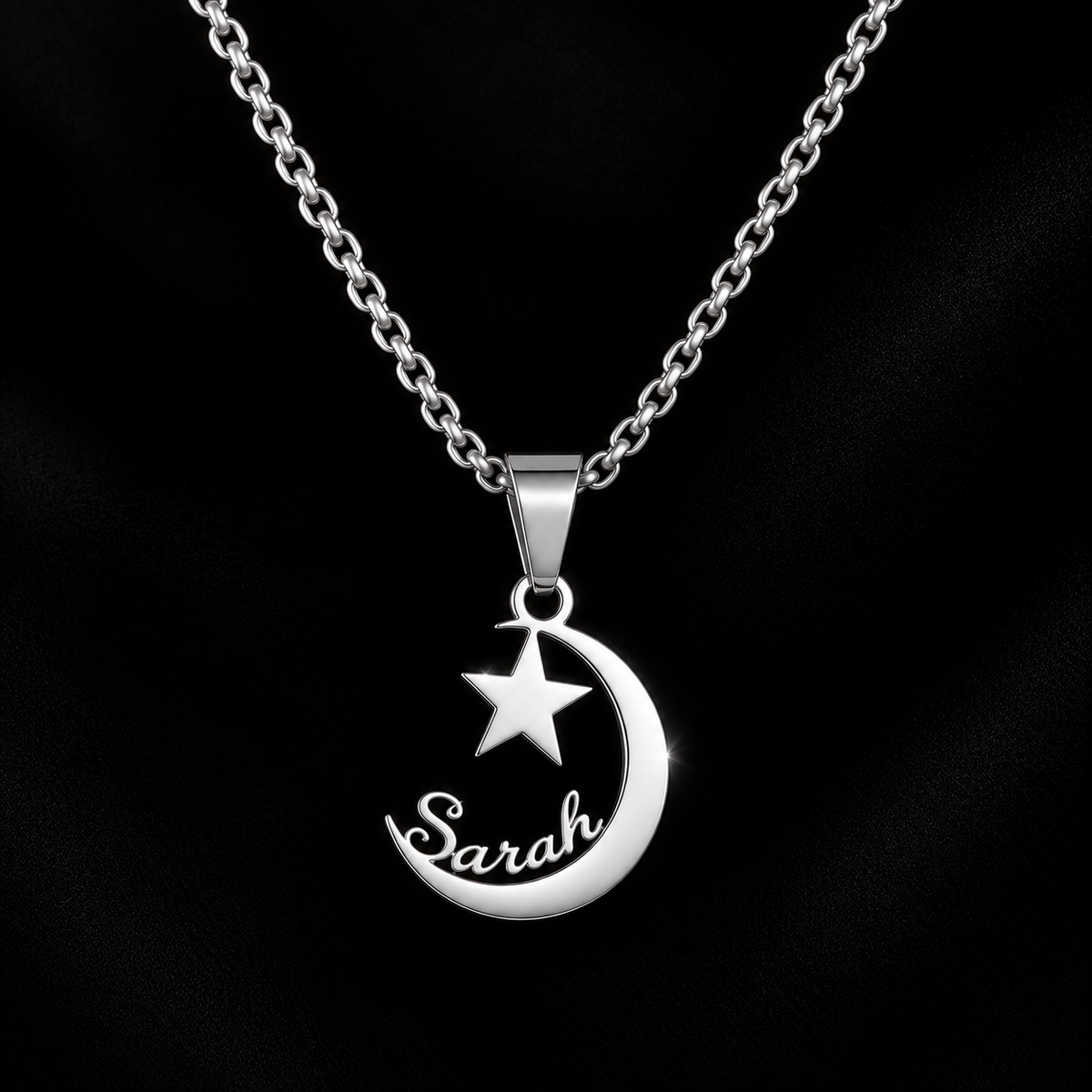 Collier LUNE  ÉTOILE argenté personnalisé avec prénom Sarah FOND noir