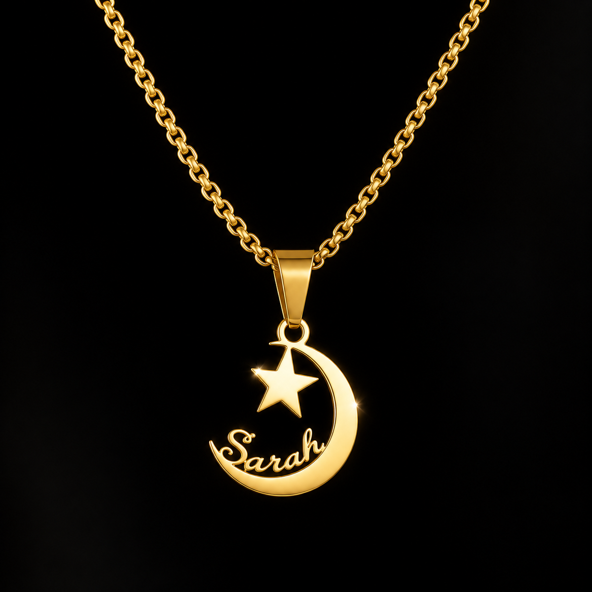 Collier LUNE  ÉTOILE doré personnalisé avec prénom Sarah FOND noir