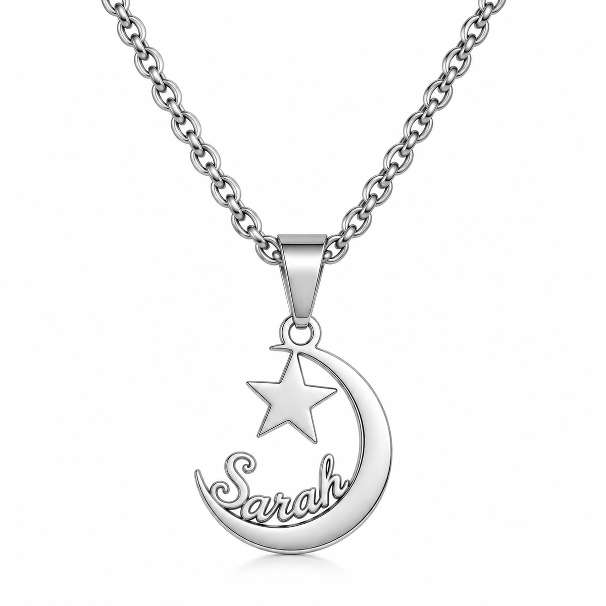 Collier LUNE  ÉTOILE argenté personnalisé avec prénom Sarah FOND BLANC