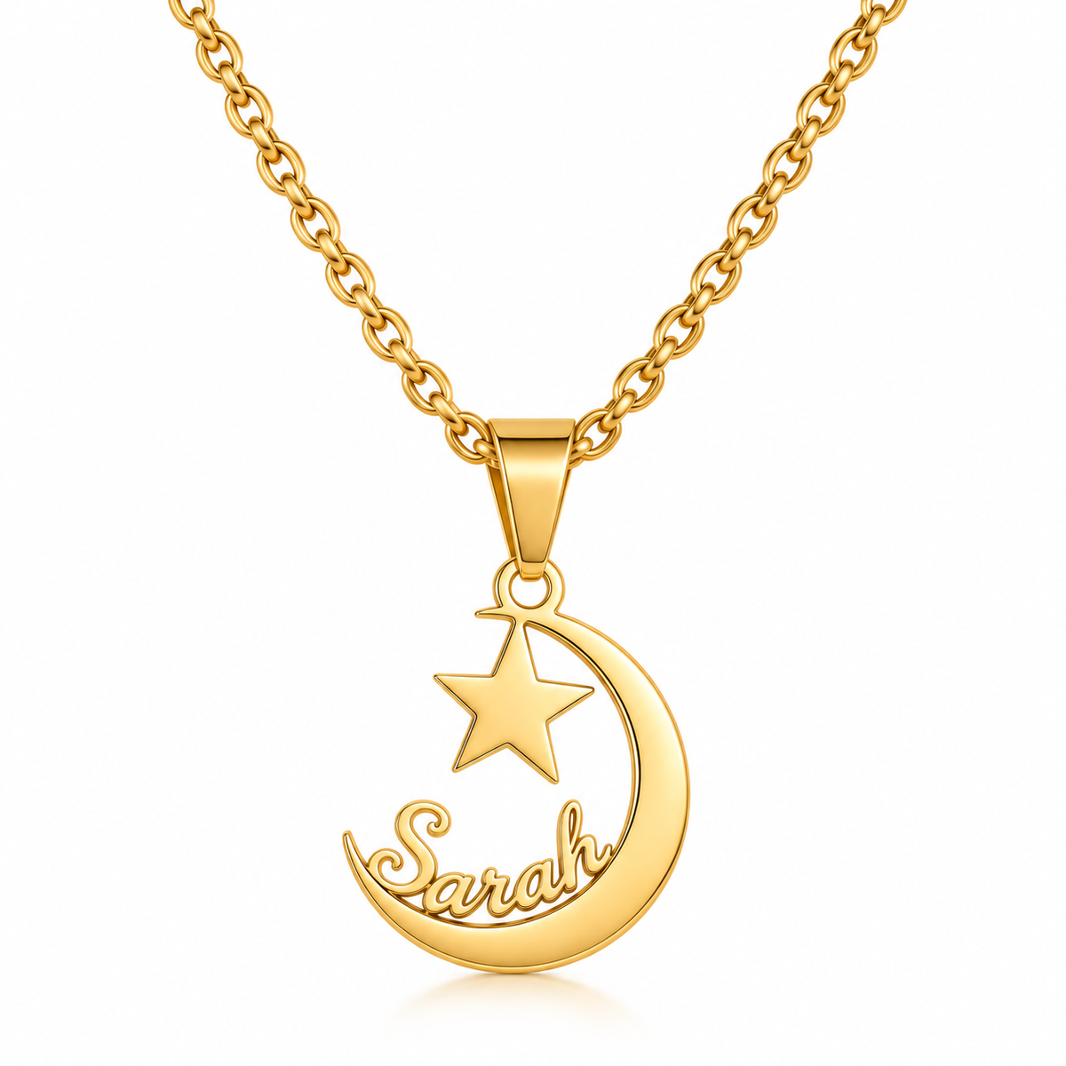 Collier LUNE  ÉTOILE doré personnalisé avec prénom Sarah FOND BLANC