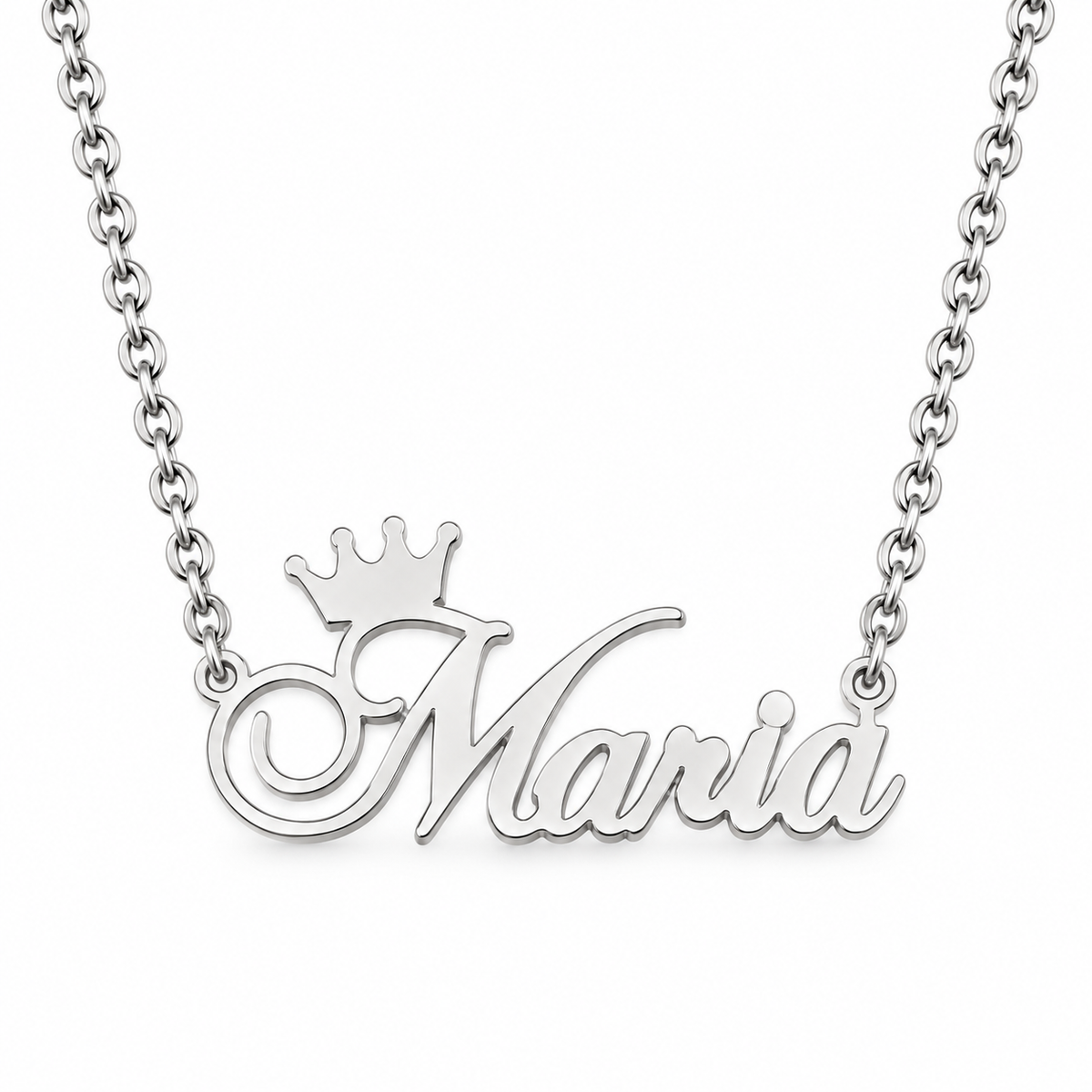 Collier prénom personnalisé fille avec couronne – PRINCESSE modèle Maria fond blanc argenté