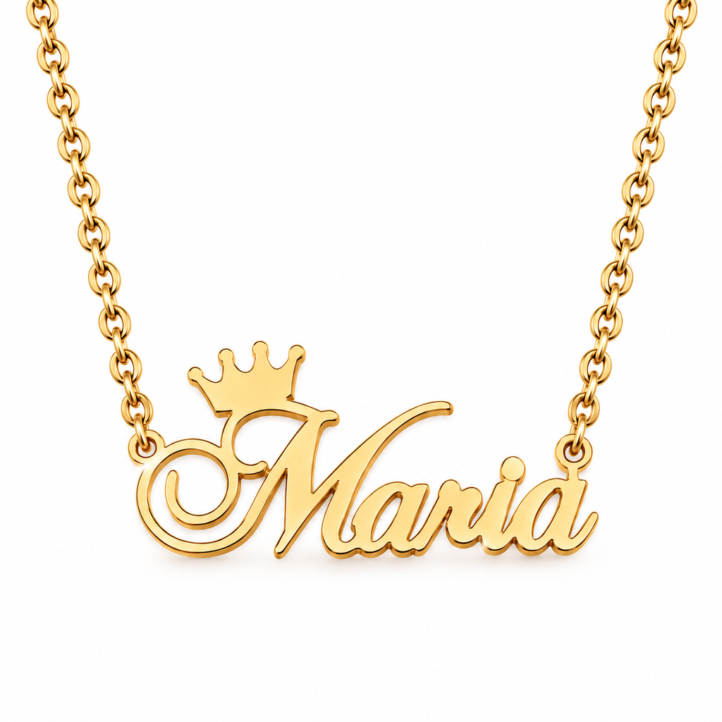 Collier prénom personnalisé fille avec couronne – PRINCESSE modèle Maria fond blanc doré