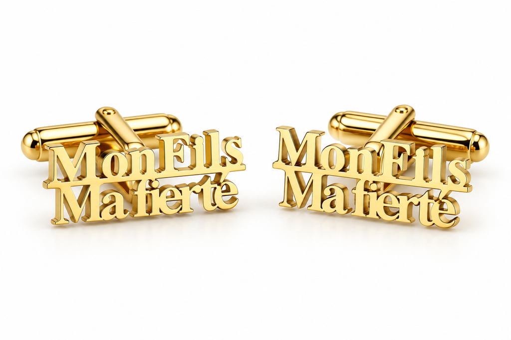 Boutons de manchette dorés Mon Fils Ma Fierté – Hélie Ébène fond blanc