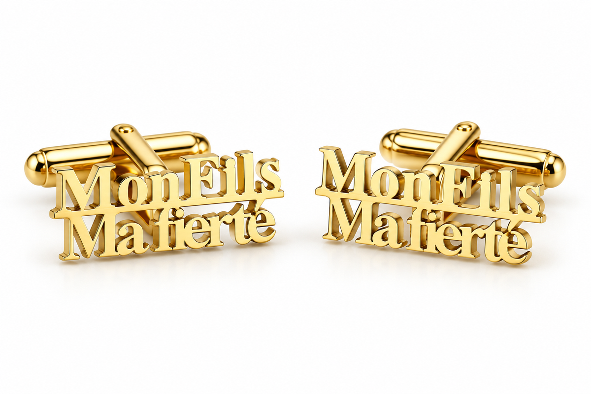 Boutons de manchette dorés Mon Fils Ma Fierté – Hélie Ébène fond blanc