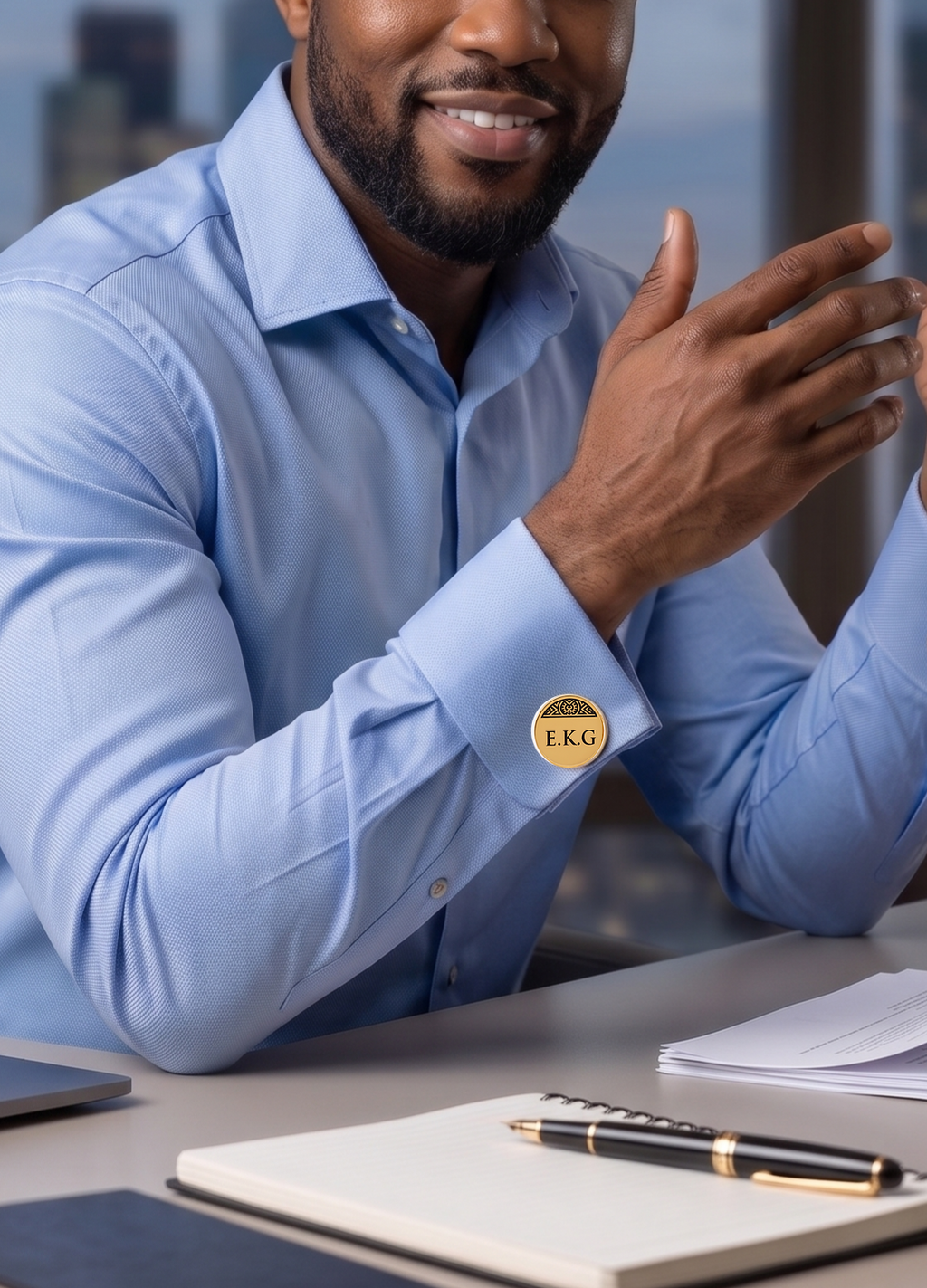 Boutons de manchette EMPREINTE dorés portés avec un chemise bleue