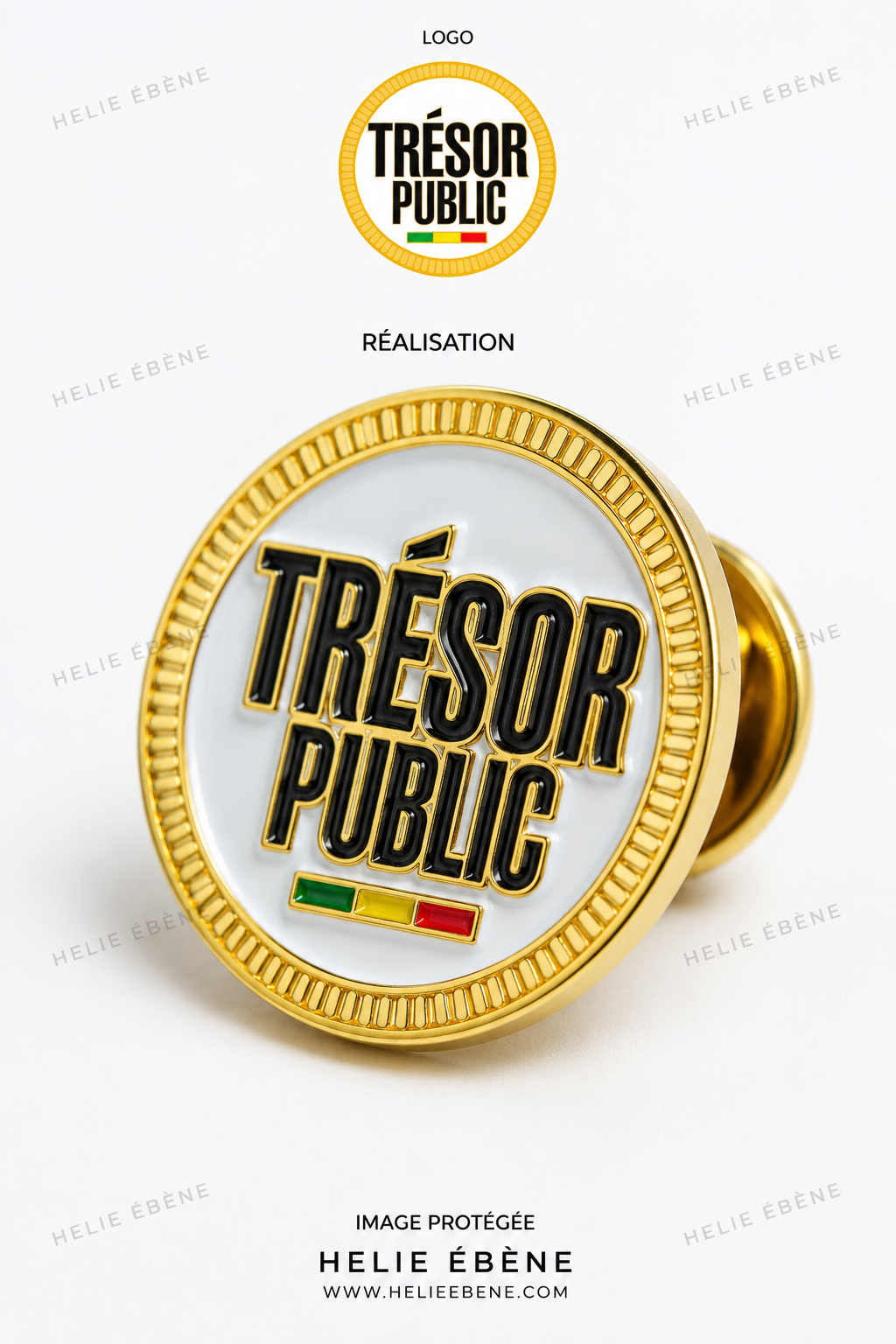
Pin’s 3D personnalisé avec logo TRESOR PUBLIC SENEGALAIS en relief et finition dorée