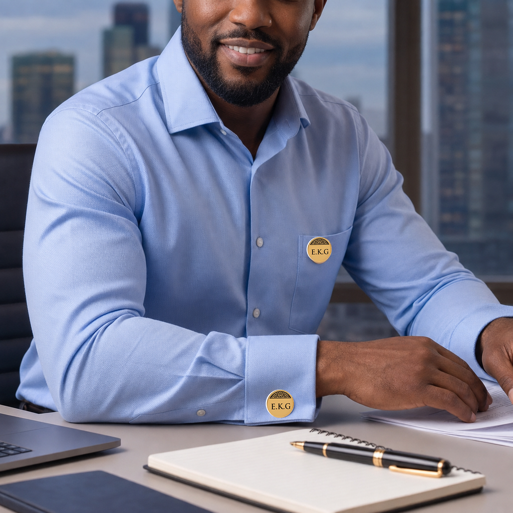 Pin's EMPREINTE porté avec boutons de manchette personnalisés assortis sur chemise bleue