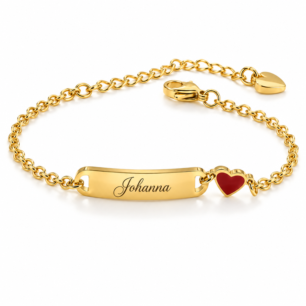 Bracelet prénom personnalisé fille avec cœur rouge – modèle Johanna fond blanc