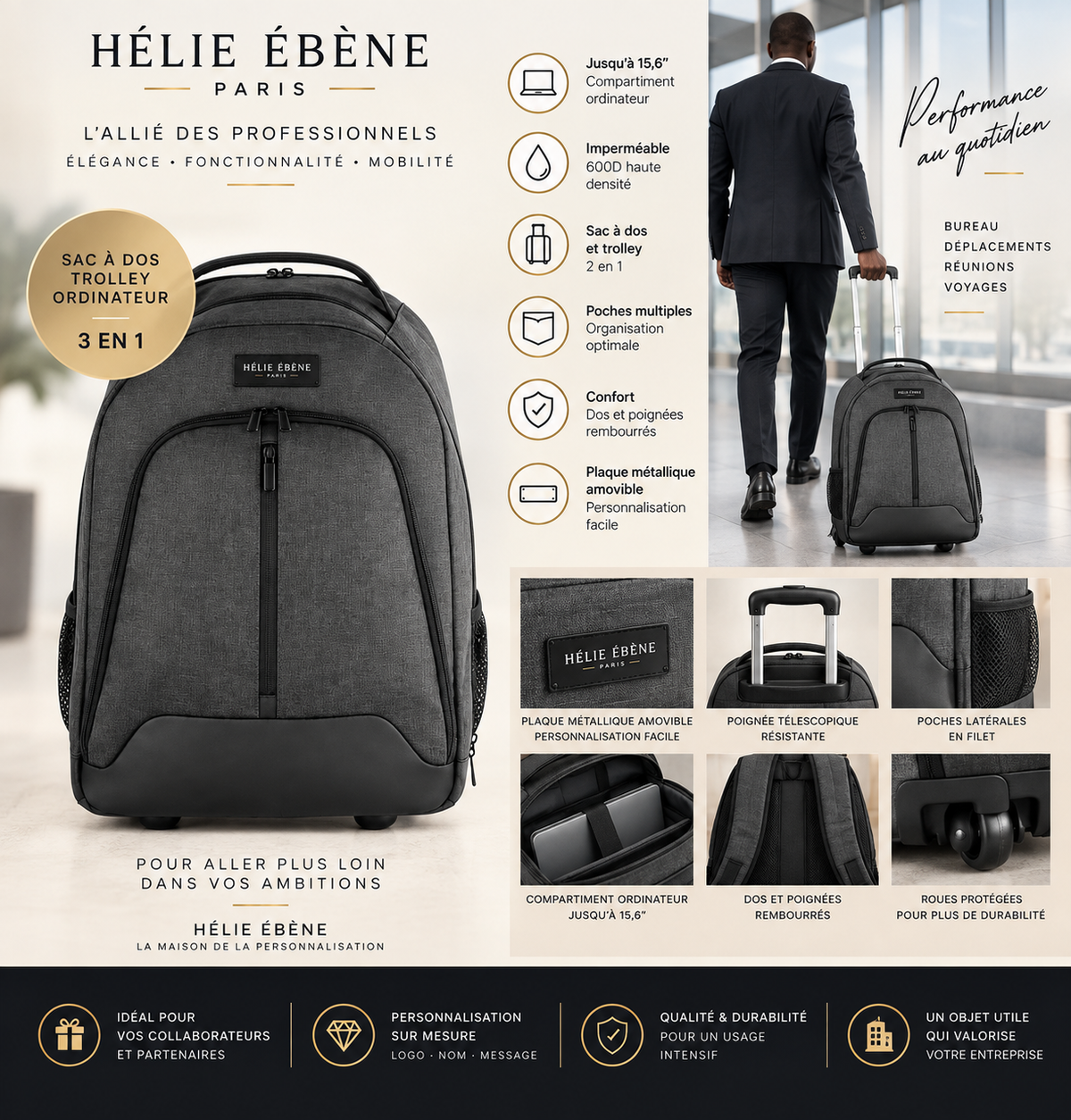 Sac à dos trolley ordinateur gris personnalisé pour entreprise avec plaque logo