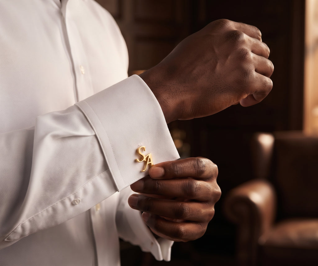 Boutons de manchette ALLURE dorés personnalisés avec initiales entrelacées doré porté seul