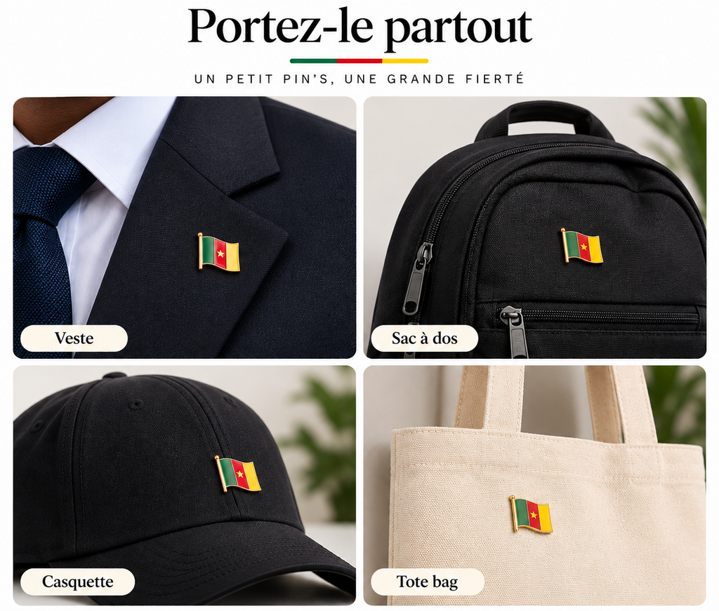 Pin's 3D drapeau du Cameroun vert rouge jaune avec étoile – Hélie Ébène porté partout