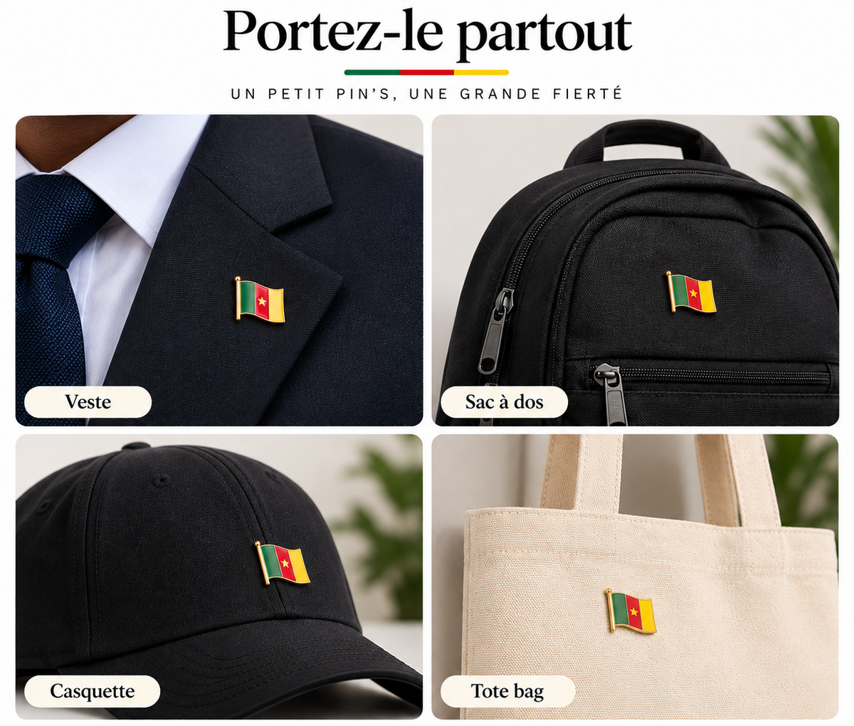 Pin's 3D drapeau du Cameroun vert rouge jaune avec étoile – Hélie Ébène porté partout