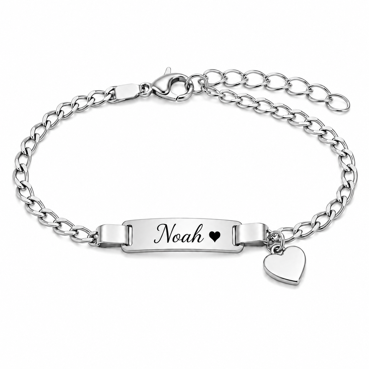 Bracelet enfant personnalisé Noah argenté avec pendentif cœur