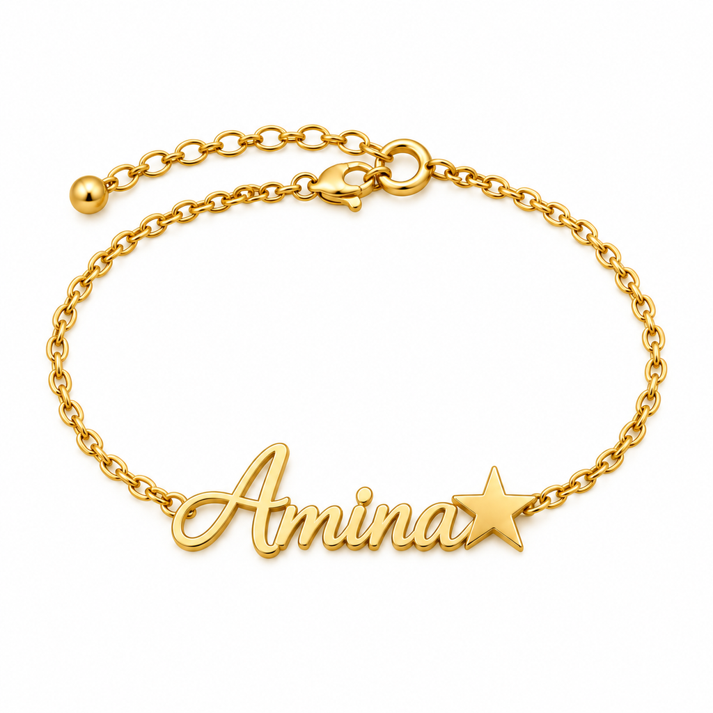 Bracelet prénom personnalisé enfant avec étoile – modèle ÉTOILÉ fond banc