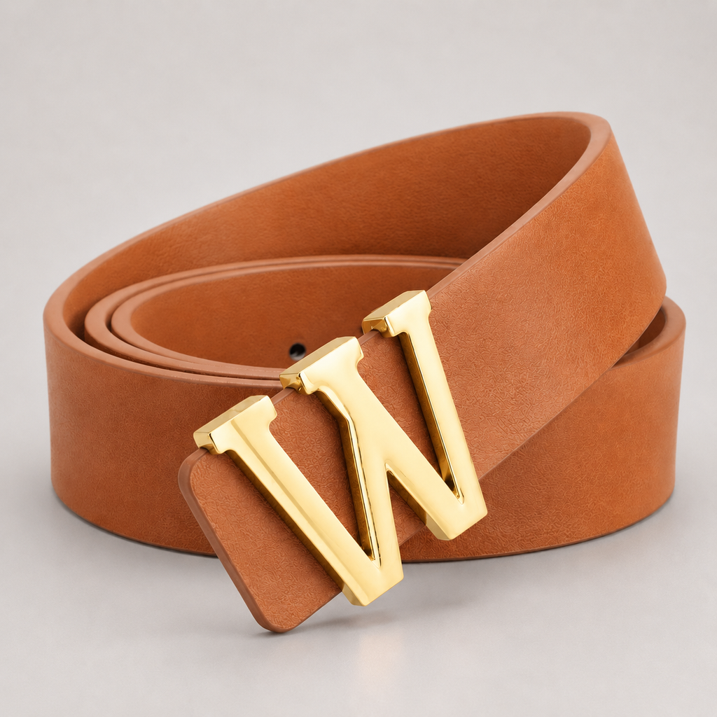 Ceinture ALPHABET Camel avec boucle initiale W finition doré