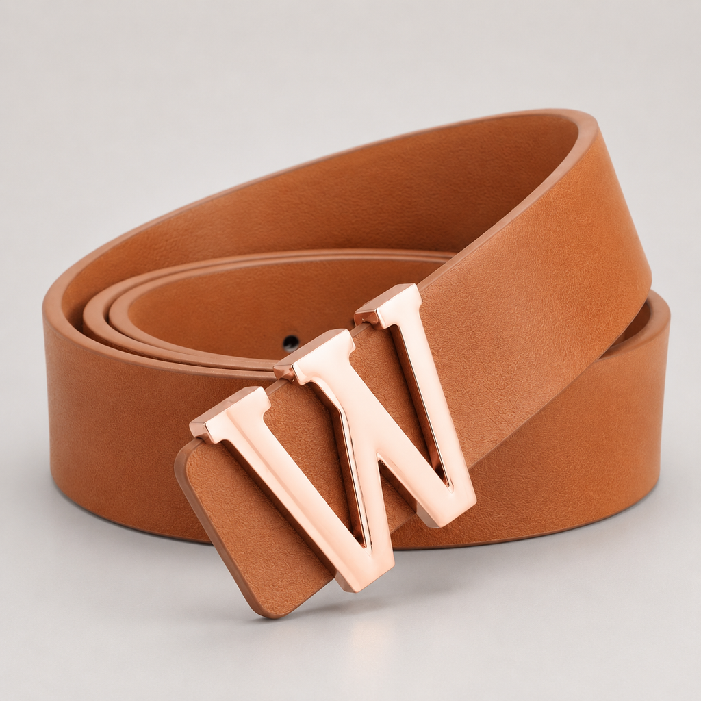 Ceinture ALPHABET Camel avec boucle initiale W finition or rose