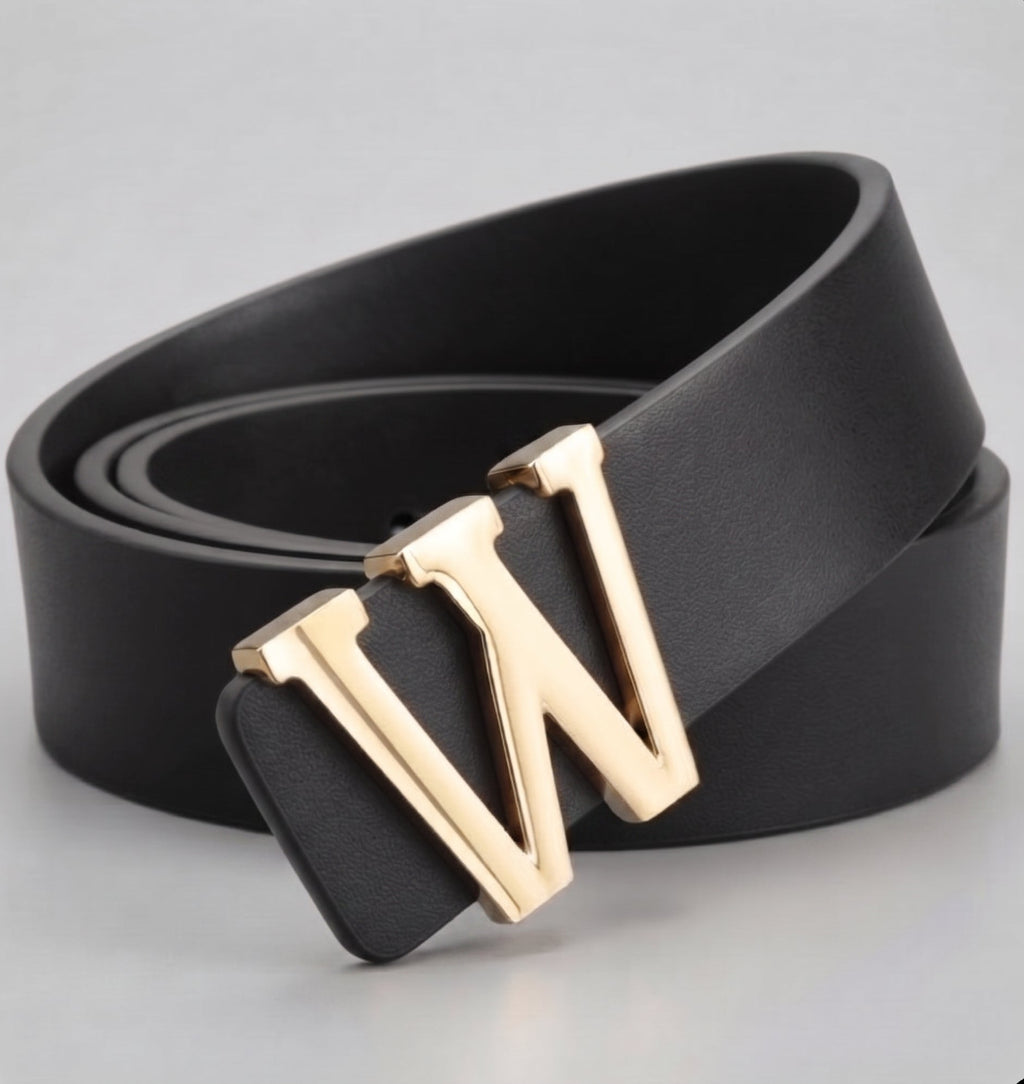 Ceinture personnalisée ALPHABET noire avec boucle initiale W dorée