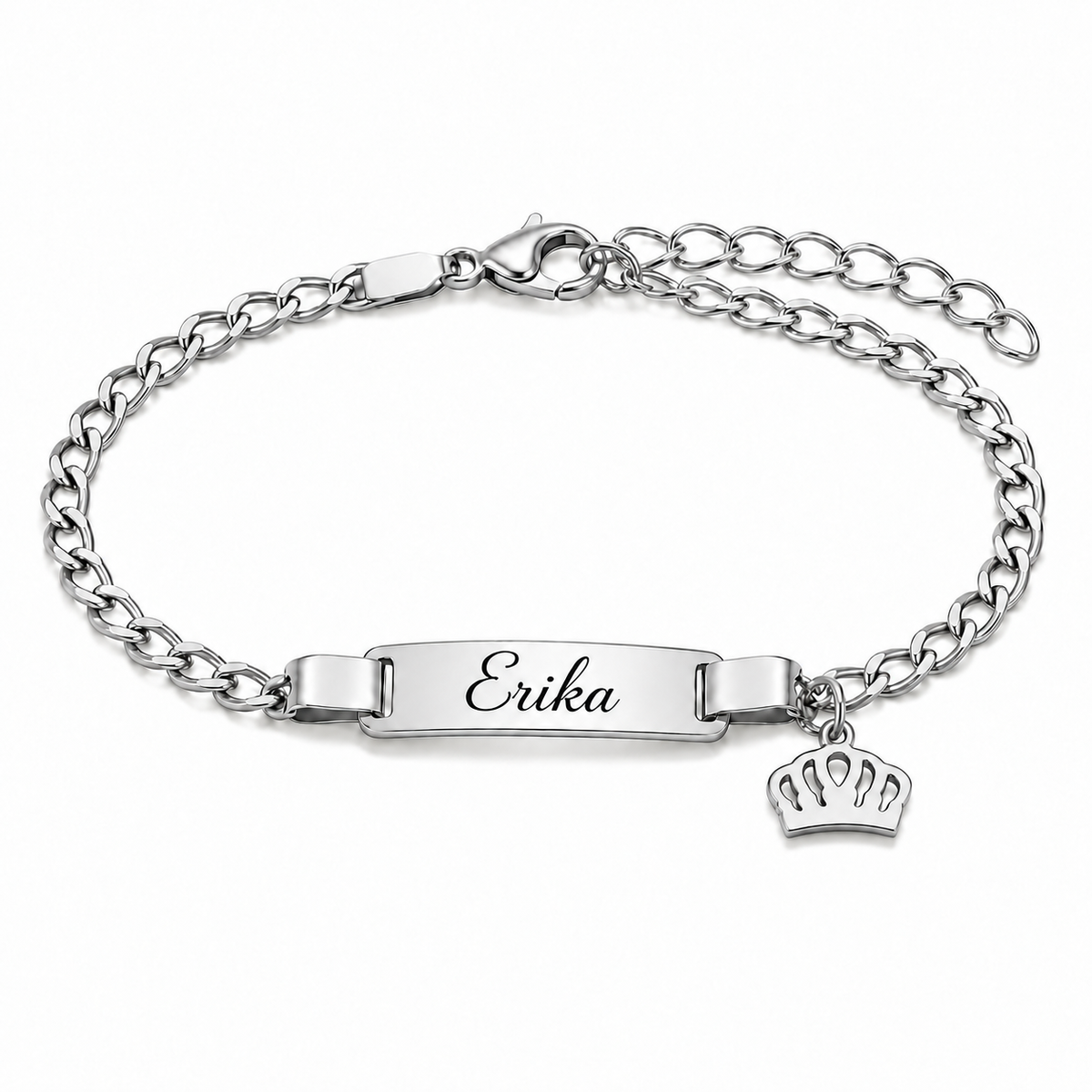 Bracelet prénom personnalisé enfant doré avec breloque couronne – PETIT ROYAL fond blanc argenté