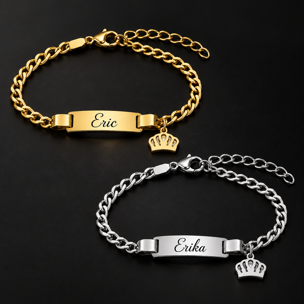 Bracelet prénom personnalisé enfant doré avec breloque couronne – PETIT ROYAL fond noir mixte