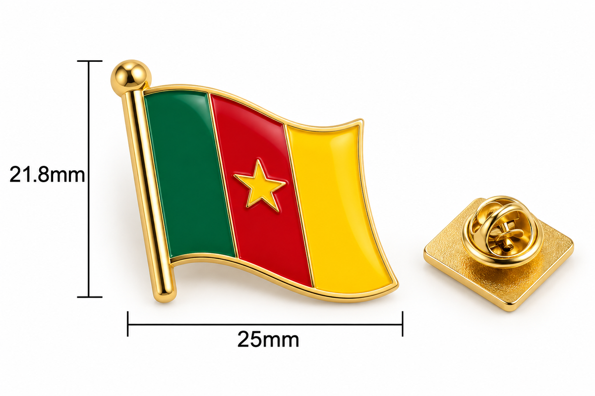 Pin's 3D drapeau du Cameroun vert rouge jaune avec étoile – Hélie Ébène dimensions