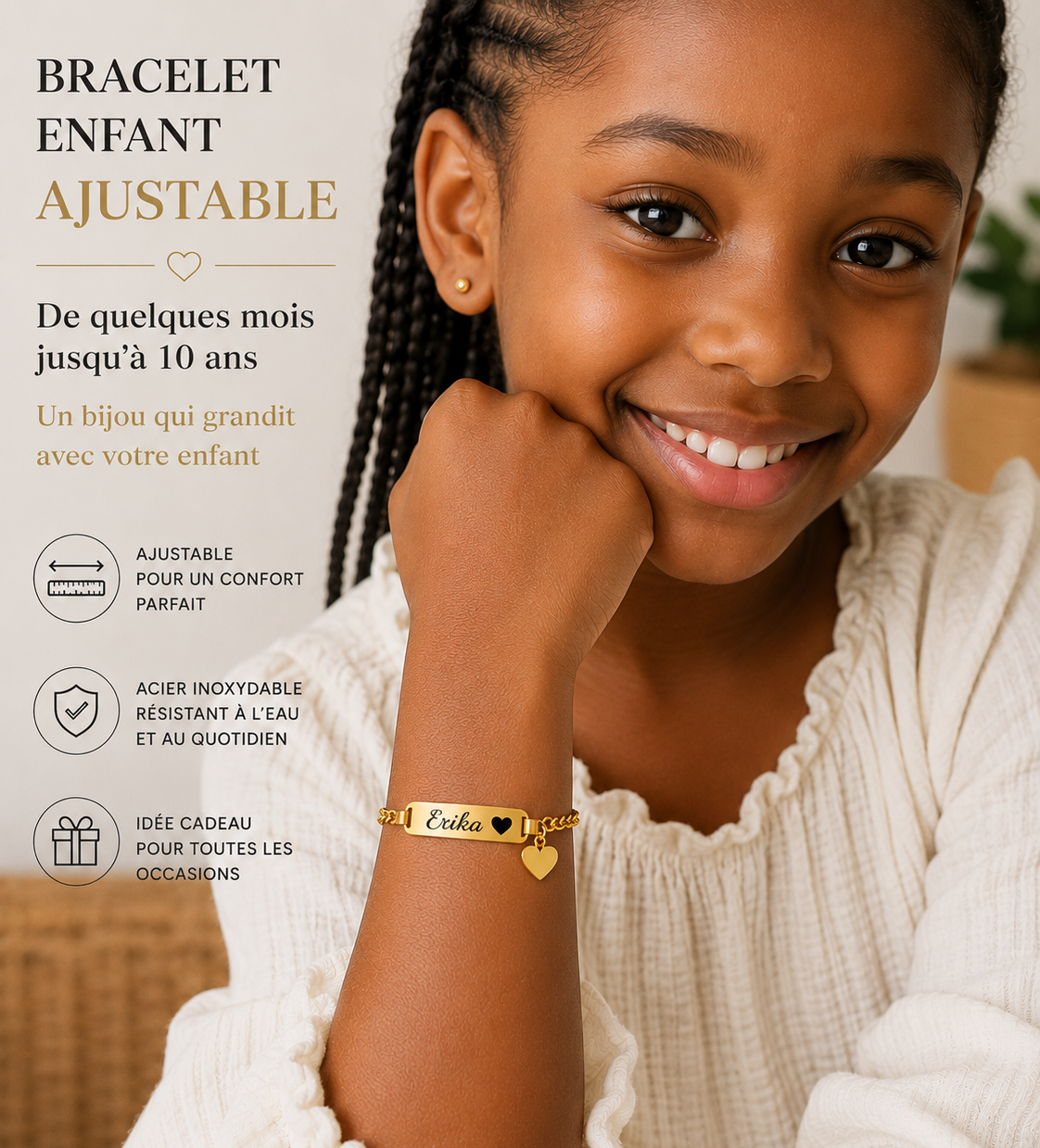 Bracelet enfant personnalisé Erika avec pendentif cœur
