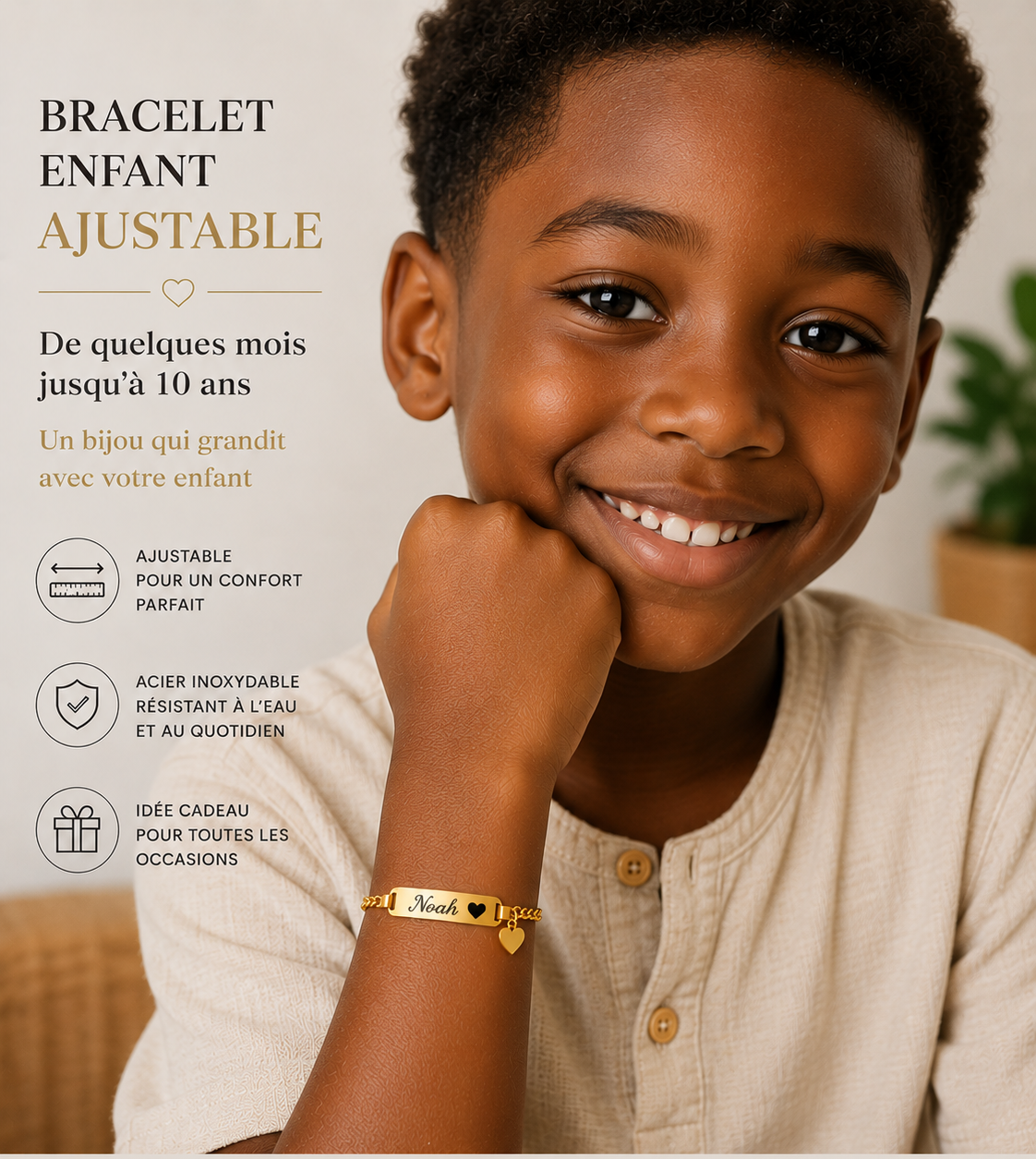 Bracelet enfant personnalisé Noah avec pendentif cœur