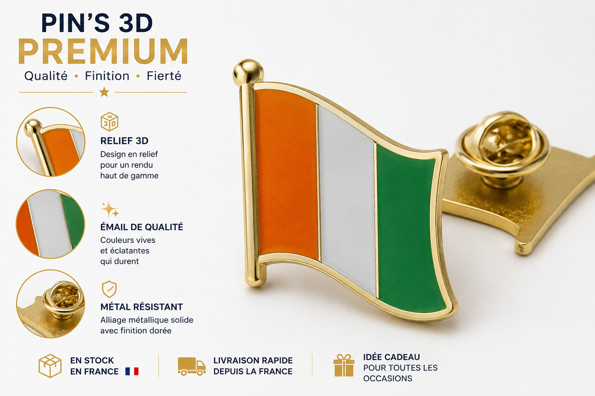 Pin’s 3D Drapeau Côte d’Ivoire orange blanc vert fiche explicative