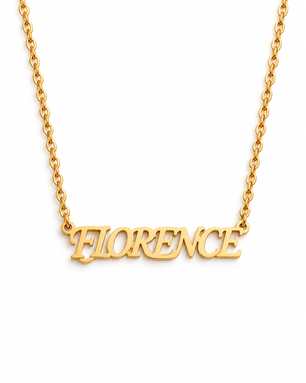 Collier PRÉSENCE doré personnalisé avec prénom FLORENCE en lettres majuscules fond blanc