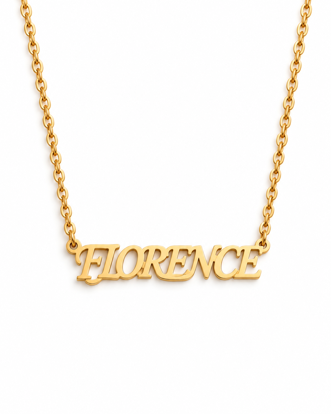Collier PRÉSENCE doré personnalisé avec prénom FLORENCE en lettres majuscules fond blanc