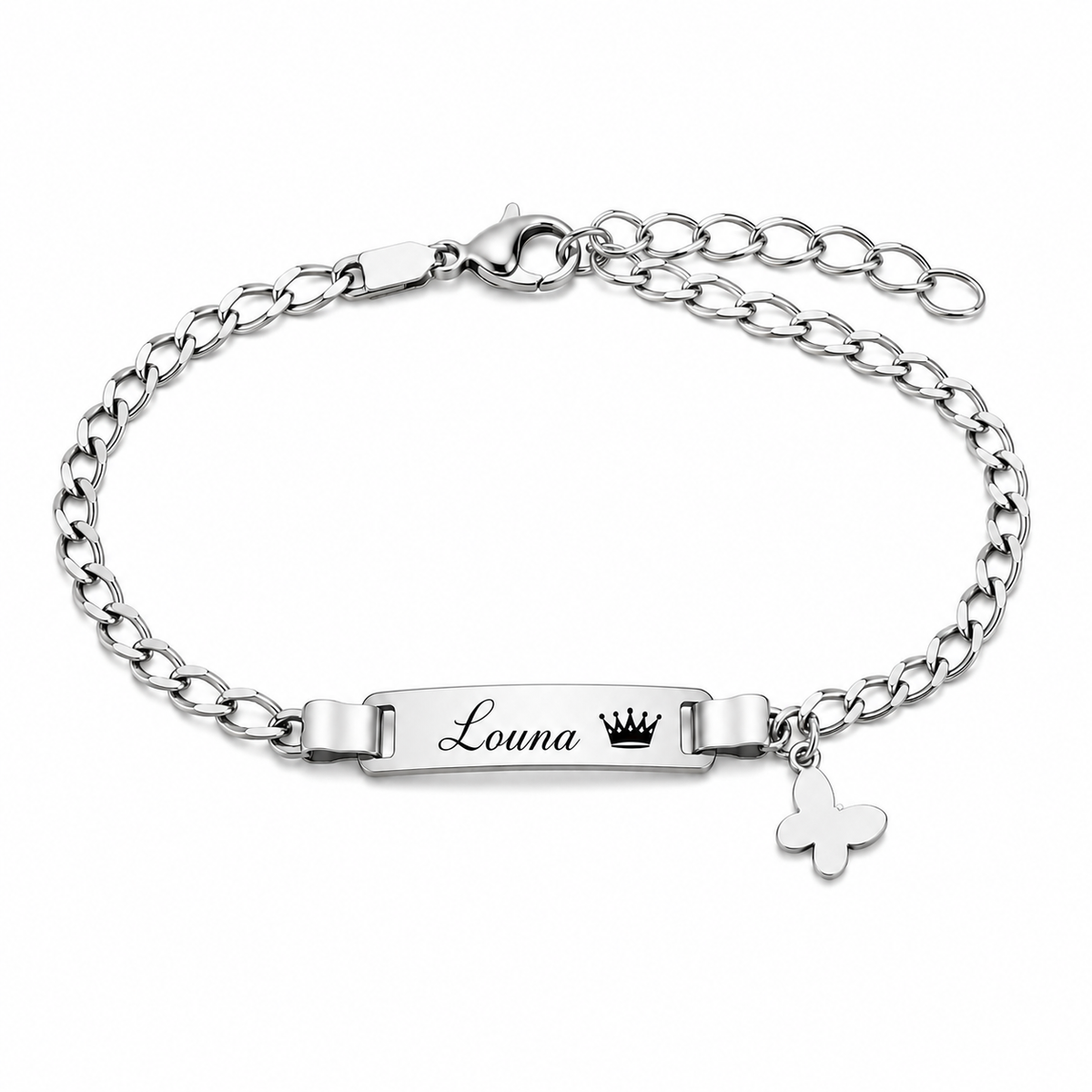Bracelets prénom personnalisés enfant avec couronne et papillon – MERVEILLE PAPILLON fond blanc argenté